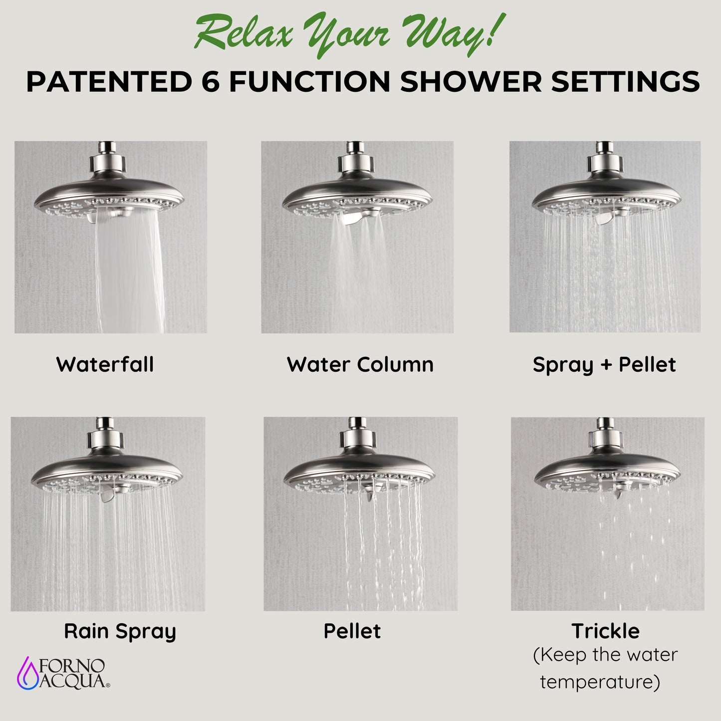 Forno Acqua AcquaFALL Mini 8 Inch Shower Head, Brushed Nickel Finish, Overhead Rainfall Shower, Handheld Shower Head, Body Jets, 2.5 GPM Flow Rate