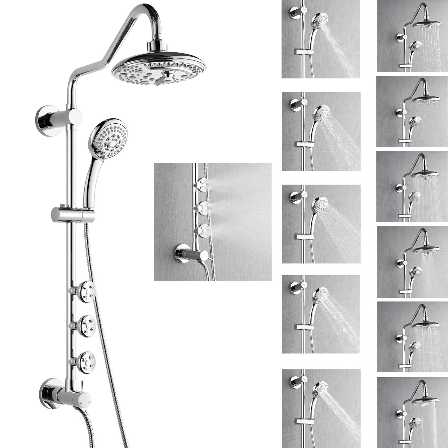 Forno Acqua AcquaSPA Retrofit Shower, Overhead Rainfall, 8 Inch Shower Head, Handheld Shower Head, Body Jets, 6 Way Diverter, Polished Stainless Steel Finish, 2.5 GPM Flow Rate