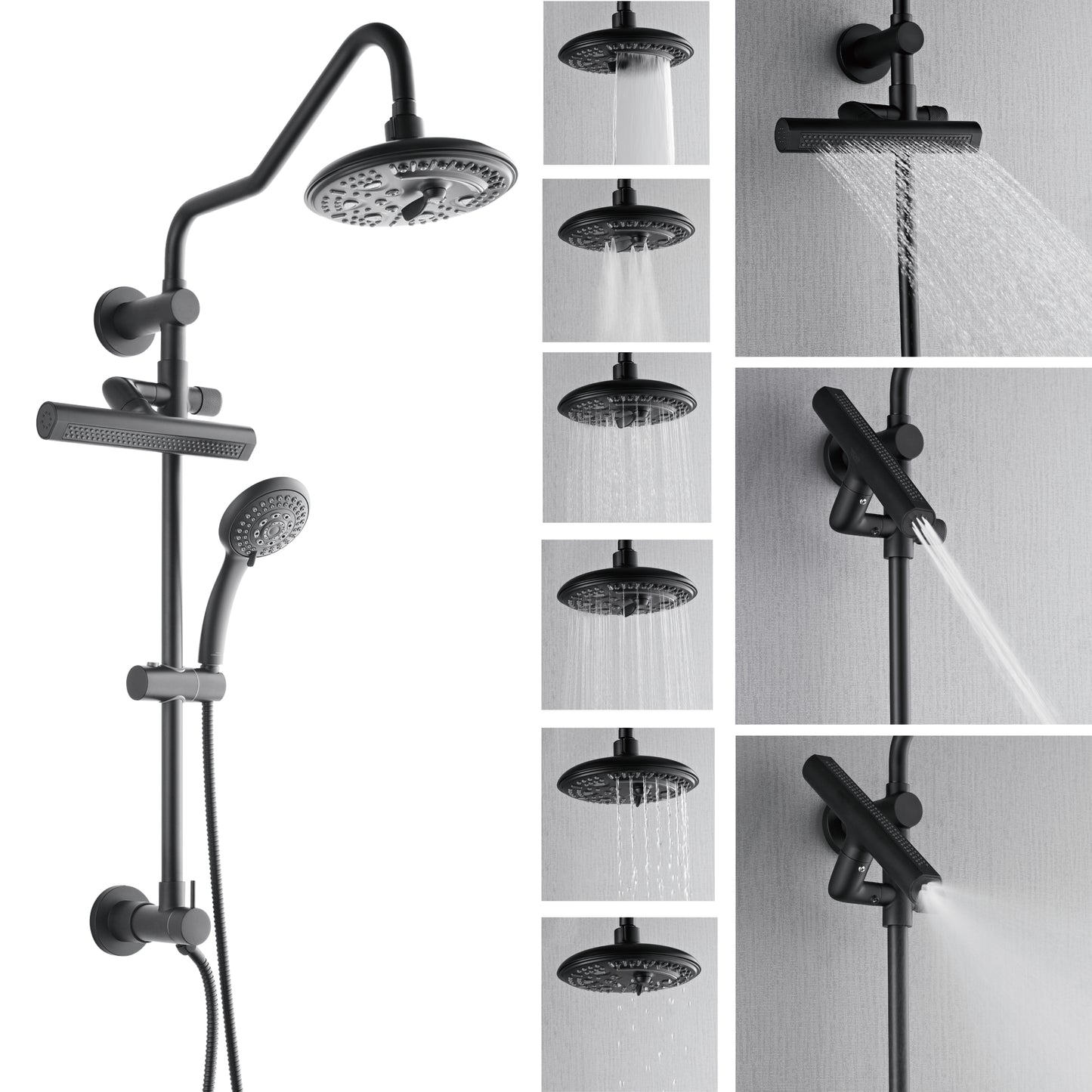 Forno Acqua AcquaFALL Shower, Matte Black Finish, Overhead Rainfall Shower, 7 Way Diverter, Handheld Shower Head, Body Jets, 1.8 GPM Flow Rate