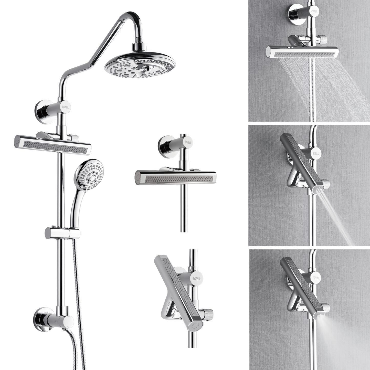 Forno Acqua AcquaFALL Shower, Polished Stainless Steel Finish, Overhead Rainfall Shower, 7 Way Diverter, Handheld Shower Head, Body Jets, 1.8 GPM Flow Rate