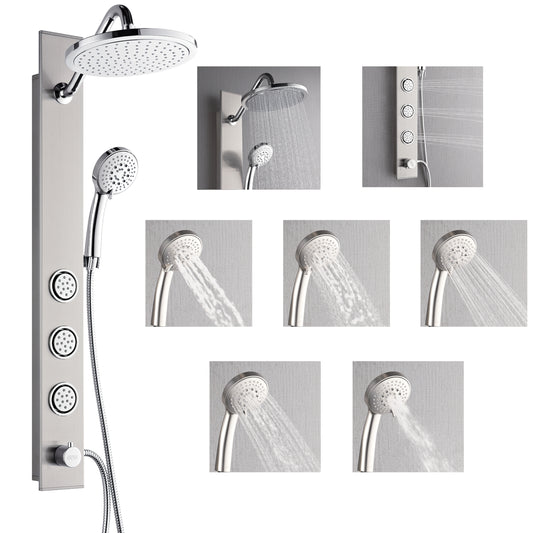 Forno Acqua AcquaSPA Shower Panel in Stainless Steel, Overhead Rainfall Shower, Handheld Shower Head, Body Jets, 6 Way Diverter, 2.5 GPM Flow Rate
