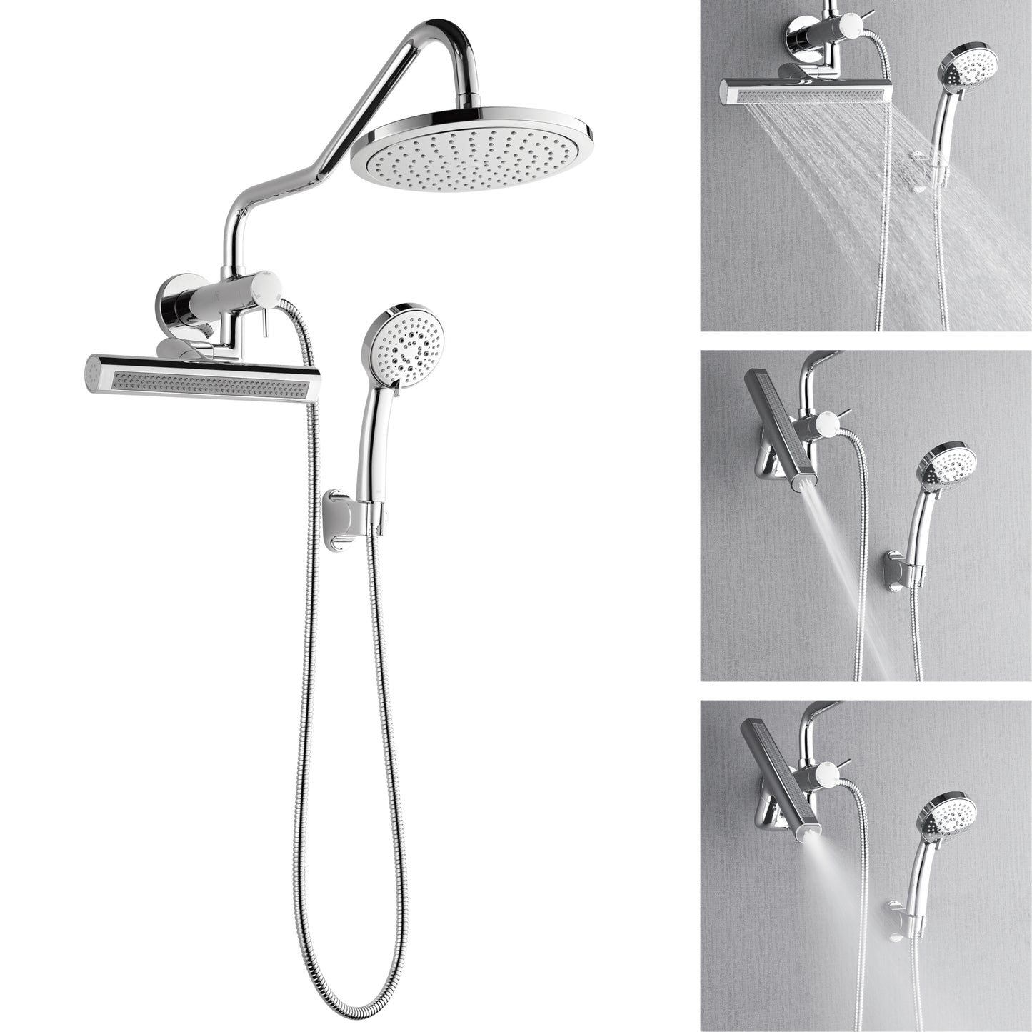 Forno Acqua AcquaFALL Mini Shower Head, Polished Stainless Steel Finish, Overhead Rainfall Shower, 7 Way Diverter, Handheld Shower Head, Body Jets, 2.5 GPM Flow Rate